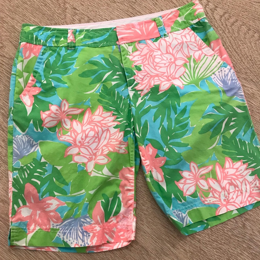 Lilly Pulitzer Bermuda Chipper Shorts Pockets Green Pink Blue Cotton